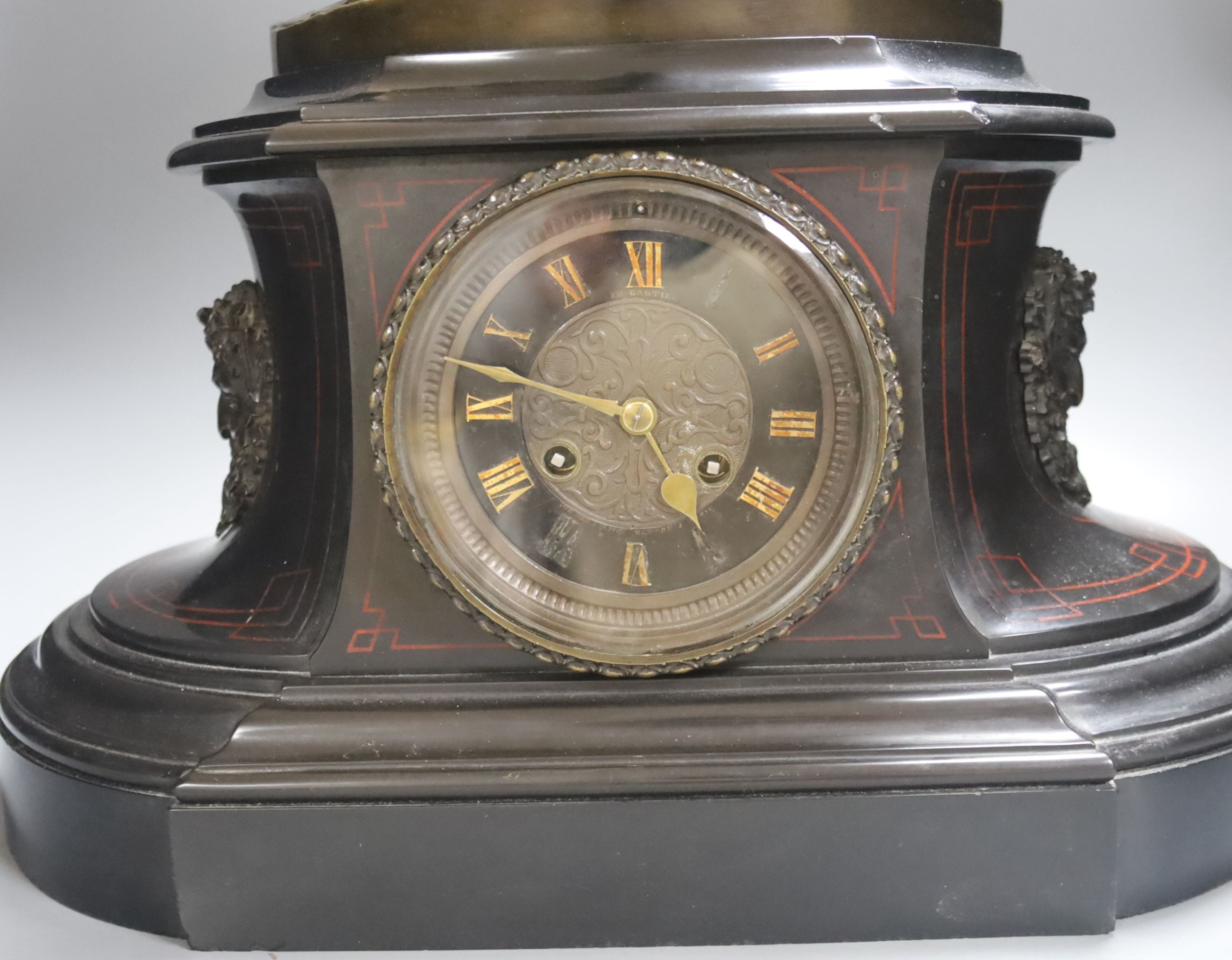 A large 19th century bronze and marble figural mantle clock, Gautier editeur foundry mark 64cm. Key and pendulum